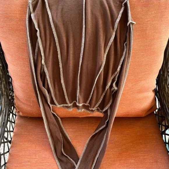Cropped Brown Long Sleeve Top with Stripes. Super stretchy and soft - Picture 3 of 9